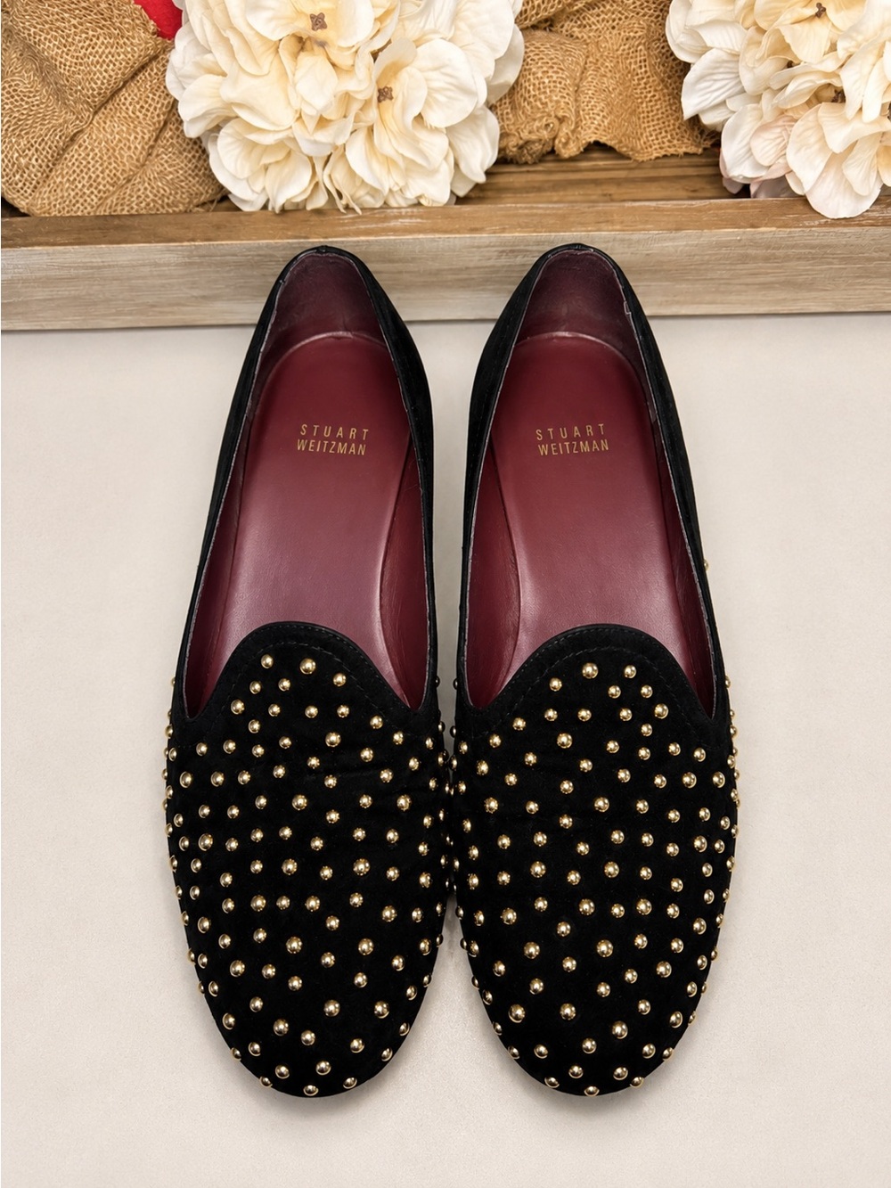 Stuart Weitzman Black Velvet Studded Loafers